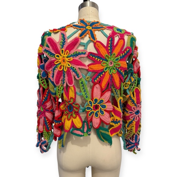 RARE Vintage MICHAEL SIMON Vibrant Multicolor Floral Crochet Beaded Cardigan - Picture 5 of 7